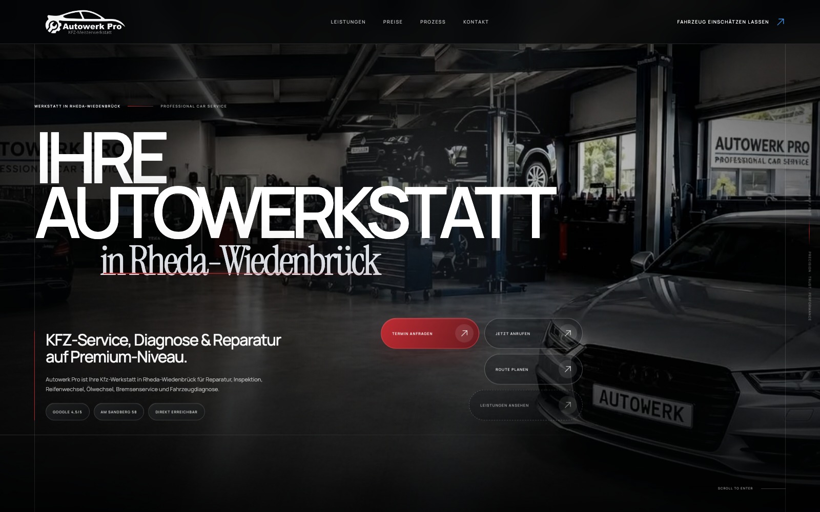 Startseite von Autowerk Pro mit Werkstattszene und Leistungsversprechen