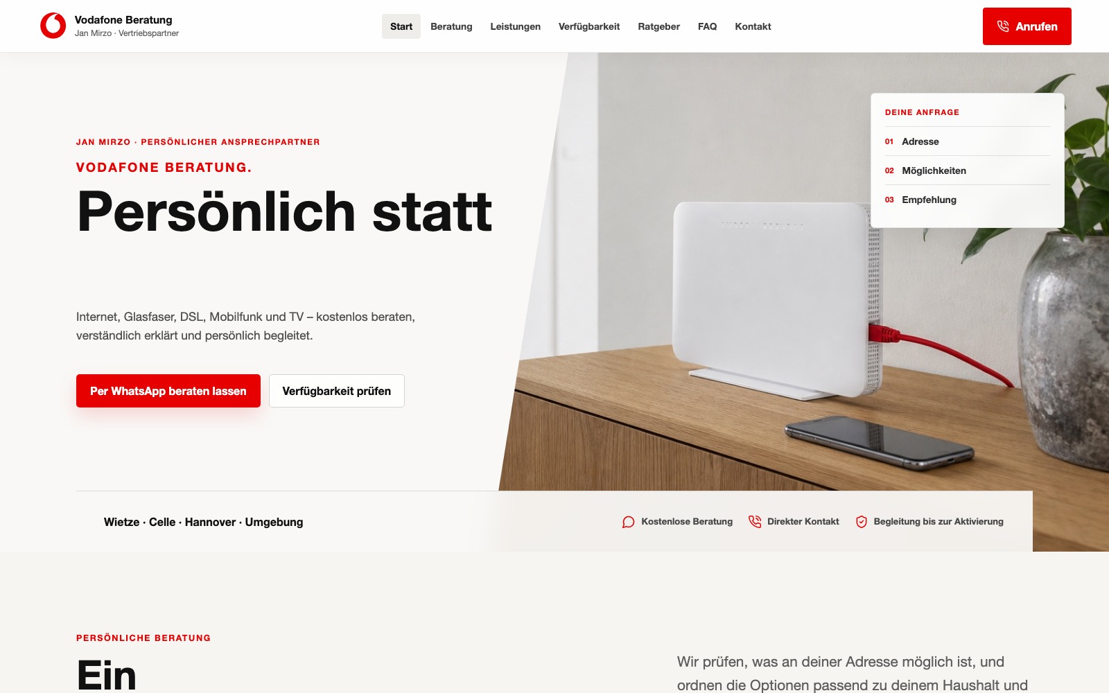 Startseite von Kabelanschluss VF mit persönlichem Beratungsversprechen