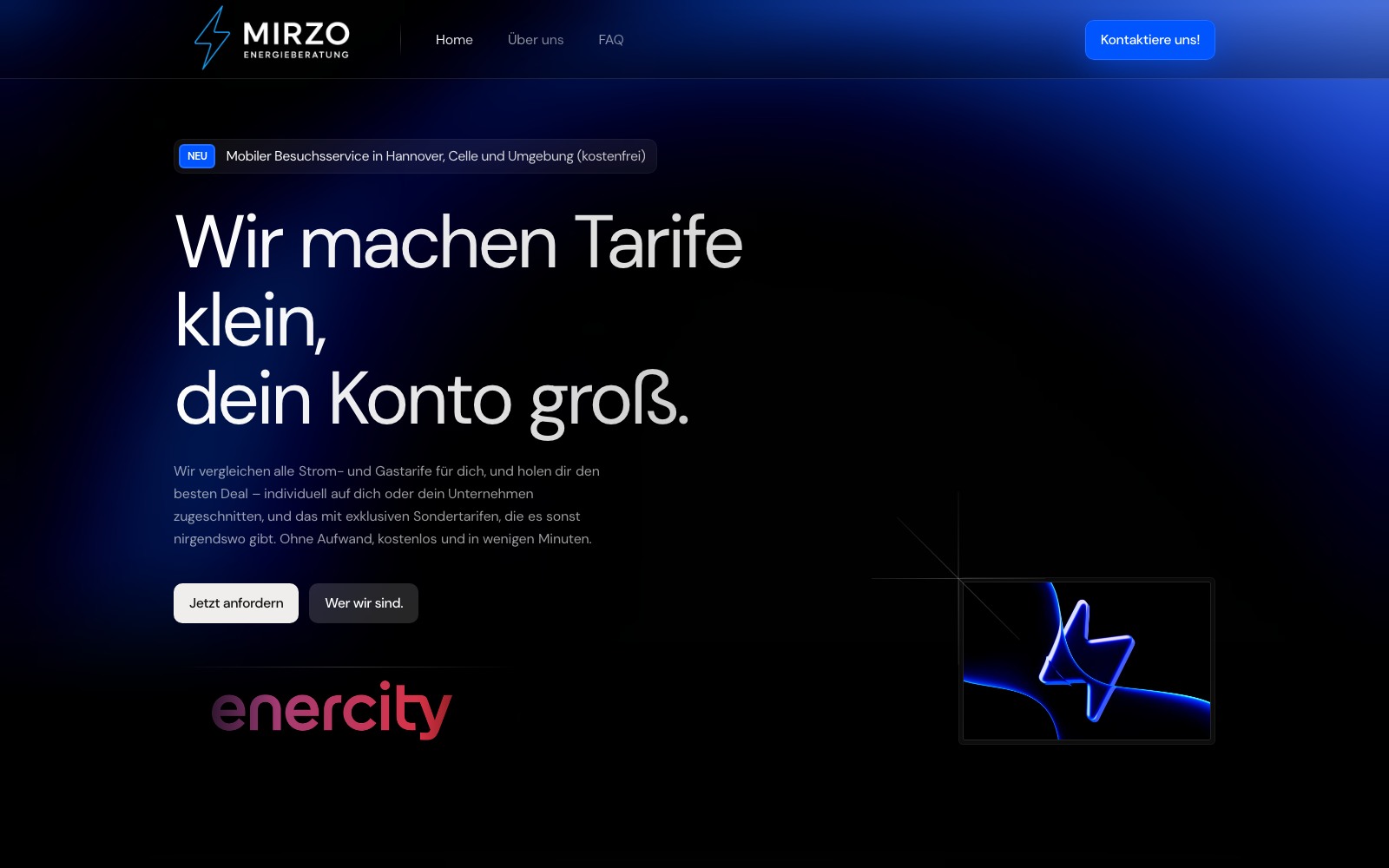 Startseite von Mirzo Energieberatung mit blauem Tarifmotiv